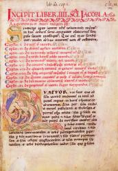 Historiated initial 'Q' depicting three dragons, first page of the Pilgrim's Guide of St. James of Compostela, from the 'Codex Calixtinus' (vellum) | Obraz na stenu