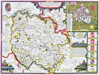 Herefordshire, engraved by Jodocus Hondius (1563-1612) from John Speed's 'Theatre of the Empire of Great Britain', pub. by John Sudbury and George Humble, 1611-12 (hand coloured copper engraving) | Obraz na stenu