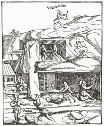 Early representation of the Divining Rod, showing a figure with a diving rod above ground searching for water, coal or gold and the miners below ground toiling to find coal. From The Strand Magazine published 1897. | Obraz na stenu