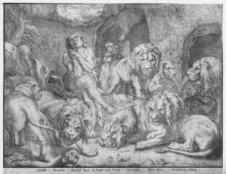 Daniel in the lions' den (engraving) (b/w photo) | Obraz na stenu