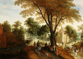 Elegant Horsemen and figures on a path in front of a chateau | Obraz na stenu