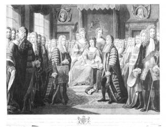 The Articles of the Union Presented by the Commissioners to Queen Anne, 1706, plate 12 from 'Historic Acts of the Queens of England', engraved by Valentine Green (1739-1813) 1786 (engraving) (b&w photo) | Obraz na stenu