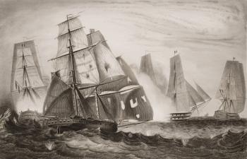 Intrepid behaviour of Captain Charles Napier in H.M. 18 gun Brig "Recruit" for which he was appointed to the D'Haupoult, 15th April 1809, illustration from 'England's Battles by Sea and Land' by Lieut. Col. Williams (engraving) | Obraz na stenu