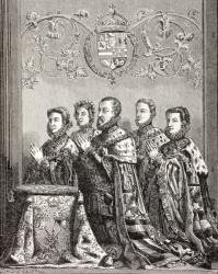 King Philip II of Spain with his three wives, from 'Military and Religious Life in the Middle Ages' by Paul Lacroix, published London c.1880 (litho) | Obraz na stenu