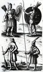 Illustrations of Algonquin dress, engraving from Voyages of Sieur de Champlain by Samuel de Champlain (ca 1574-1635), 17th century (engraving) | Obraz na stenu