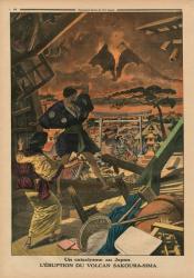 A cataclysm in Japan, Eruption of the Sakura-jima volcano, back cover illustration from 'Le Petit Journal', supplement illustre, 1st February 1914 (colour photo) | Obraz na stenu