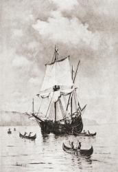 The discovery of the Hudson River in 1609 by Henry Hudson during his voyage in the ship Half Moon to find a prospective Northwest Passage to Cathay. From The History of Our Country, published 1899 | Obraz na stenu