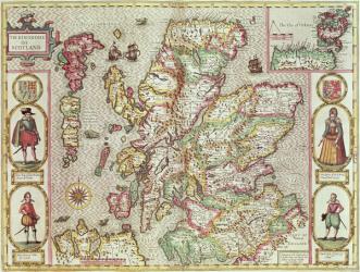 The Kingdome of Scotland, engraved by Jodocus Hondius (1563-1612) from 'Theatre of the Empire of Great Britain', pub. by John Sudbury and George Humble, 1611-12 (hand-coloured copper engraving) | Obraz na stenu