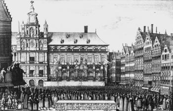 Proclamation of the peace of Westphalia in 1648, engraved by F. Wyngaerde (engraving) (b/w photo) | Obraz na stenu