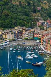 Portofino, Genoa Province, Liguria, Italian Riviera, Italy. Classic overall view of the village and harbour (photo) | Obraz na stenu