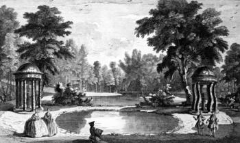 A View of the Grotto and two shell temples, Stowe House Gardens, engraved by George Bickham, 1753 (engraving) | Obraz na stenu