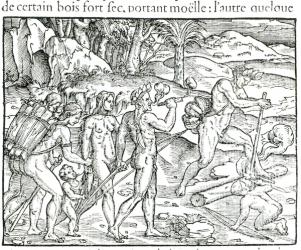 Indian Natives Making Fire After Hunting, engraved by Theodor de Bry (1525-75) (engraving) (b/w photo) | Obraz na stenu