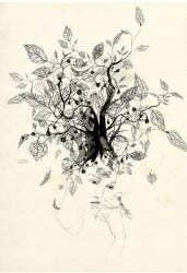 Girl with tree, 2013, black ink, pencil, old paper | Obraz na stenu