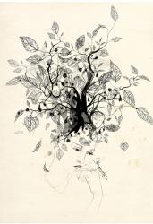 Girl with tree, 2013, black ink, pencil, old paper | Obraz na stenu