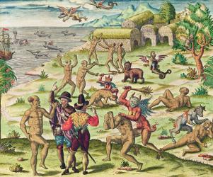 Cacodemon attacking the savages, from 'Americae Tertia Pars....', 1562 (coloured engraving) | Obraz na stenu