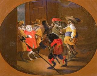 Monkeys disguised as soldiers, bringing them to a cat officer (oil on canvas) | Obraz na stenu