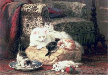 Cat with her Kittens on a Cushion (oil on canvas) | Obraz na stenu