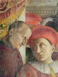 La Camera degli Sposi (The Bridal Chamber). Ludovico II of Gonzaga and his Court (detail of Ludovico II and his secretary before restoration), c.1466-74 (fresco) | Obraz na stenu