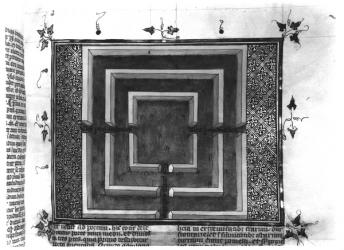 Ms 292 T III fol. 208r Labyrinth, illustration from 'Postilles sur l'Ancien et le Nouveau Testament' by Nicolas de Lyre (vellum) (b/w photo) | Obraz na stenu