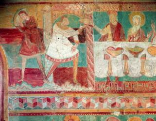 Servants bringing a jar of wine and offering a cup to a guest at the Marriage at Cana, from the South wall of the Choir, 12th century (fresco) (see also 407394) | Obraz na stenu