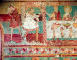 Servants bringing a jar of wine and offering a cup to a guest at the Marriage at Cana, from the South wall of the Choir, 12th century (fresco) (see also 407394) | Obraz na stenu