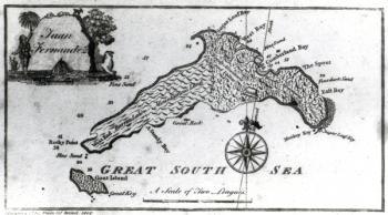 A Map of the Island of Juan Fernandez, printed in 'Providence Displayed: or The Remarkable Adventures of Alexander Selkirk of Largo, Scotland' by Isaac James, published 1800 (engraving) | Obraz na stenu