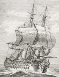 The fifty-eight gun frigate of the French navy with gun ports raised and ready for battle, from 'XVIII Siecle Institutions, Usages et Costumes', published 1875 (litho) | Obraz na stenu