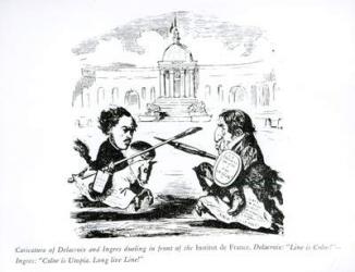 Caricature of Delacroix and Ingres duelling in front of the Institut de France, c.1828 (engraving) (b&w photo) | Obraz na stenu