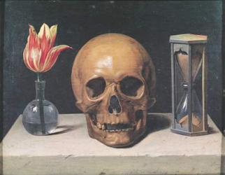 Vanitas Still Life with a Tulip, Skull and Hour-Glass (oil on panel) | Obraz na stenu