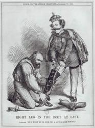 'Right Leg in the Boot at Last', caricature of Giuseppe Garibaldi (1807-82) and the King of Italy, Vittorio Emmanuele II (1820-78) from 'Punch, or the London Charivari', 17th November 1860 (litho) (b/w photo) | Obraz na stenu