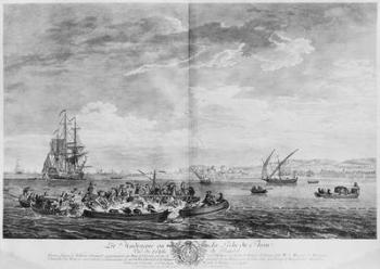 'La Madrague' or tuna fishing, view of the Bay of Bandol, series of 'Les Ports de France', engraved by Charles Nicolas Cochin the Younger (1715-90) and Jacques Philippe Le Bas (1707-83) 1762 (etching & burin) | Obraz na stenu