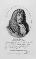 Portrait of Samuel Butler (1612-80) with an sample of his handwriting (engraving) (b&w photo) | Obraz na stenu