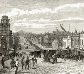Looking East down Bourke Street, Melbourne, c.1880, from 'Australian Pictures' by Howard Willoughby, published by the Religious Tract Society, London, 1886 (litho) | Obraz na stenu