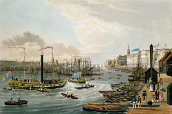 A View of London Bridge and the Custom House, with the Margate Steam Yachts, pub. 1820 by Colnaghi & Co. (coloured aquatint) | Obraz na stenu