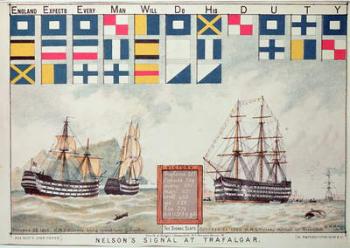 Nelson's signal at Trafalgar in 1805, from 'The Boy's Own Paper' to commemorate HMS Victory moored at Portsmouth, 1885 (litho) | Obraz na stenu