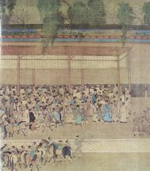 Ancient Chinese Waiting for Examination Results, facsimile of original Chinese scroll (coloured engraving) | Obraz na stenu