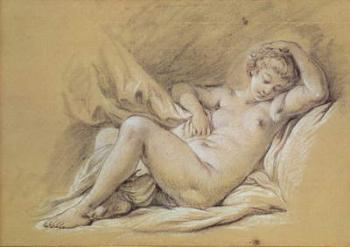 Nude Woman on a Bed (charcoal & white chalk on paper) | Obraz na stenu