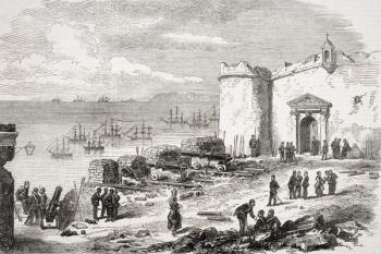 Sandbag battery for the defence of Alicante during Third Carlist War, from 'The Illustrated London News', 8th November 1873 (litho) | Obraz na stenu