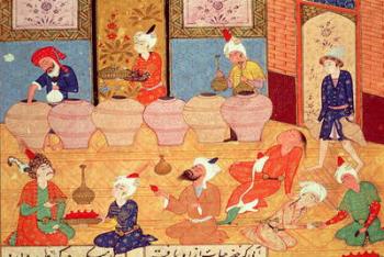 Fol.33v, Detail of a banquet with musicians, from a book of poems by Hafiz Shirazi (c.1325-c.1388) 1554 (gouache on paper) | Obraz na stenu