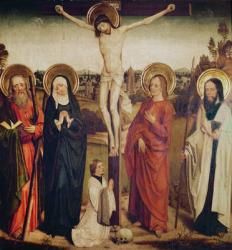 The Crucifixion, with Saint Andrew, Saint Matthew and a man kneeling at the foot of the cross (oil on wood) | Obraz na stenu