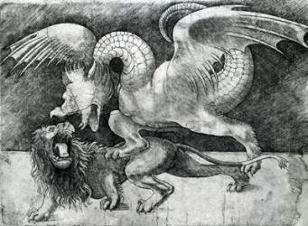Dragon Fighting a Lion (engraving) (b/w photo) | Obraz na stenu