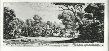 The Discovery of the Brigands, plate 9 from 'The Miseries and Misfortunes of War', engraved by Israel Henriet (c.1590-1661) 1633 (engraving) (b/w photo) | Obraz na stenu