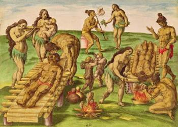 How the Indians Treat Their Sick, from 'Brevis Narratio..', engraved by Theodore de Bry (1528-98) published in Frankfurt, 1591 (coloured engraving) | Obraz na stenu