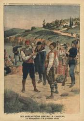 Precautions taken to prevent cholera, disinfection at the Serbian border, illustration from 'Le Petit Journal', 1st January 1911 (colour litho) | Obraz na stenu