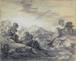 Wooded Landscape with Castle, c.1785-88 (black & white chalk on laid paper) | Obraz na stenu