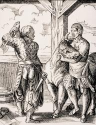 The Butcher and his Assistant, reproduction of a 16th century engraving by Jost Amman (1539-91) from 'Le Moyen Age et La Renaissance' by Paul Lacroix (1806-84) published 1847 (litho) | Obraz na stenu