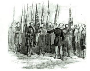 General Custer presenting captured Confederate flags in Washington on October 23rd 1864 (engraving) | Obraz na stenu