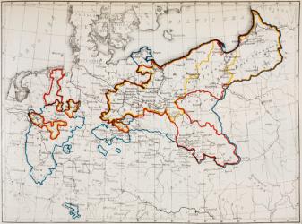 The Kingdom of Prussia between 1740 and 1815. Yellow outline; in 1740 at the Accession of Friedrich II: red outline; in 1786 at the death of Friedrich II: blue outline; in 1815 at the Congress of Vienna. From Friedrich II of Prussia, by Thomas Carlyle. Ch | Obraz na stenu
