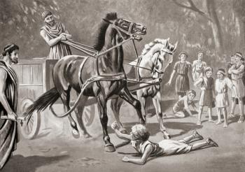 Athenian statesman, orator, and general Alcibiades (c. 450  404 BC) when a boy, disturbed by a teamster whilst playing dice in the road with his friends. He called upon the man to stop until he had thrown and on the driver's refusal flung himself in fron | Obraz na stenu