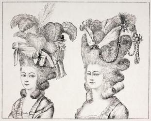 18th Century French Girls wearing Extravagant Hair Styles and Hats, 1875 (engraving) | Obraz na stenu